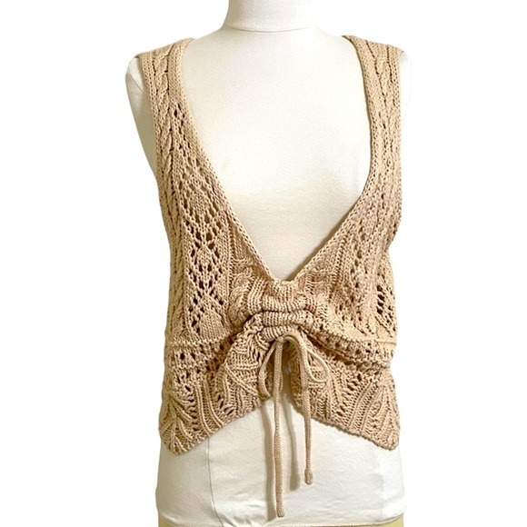 New JUNIPER BLU Womens Tan Deep V-Front Ruched Crochet Sweater Size Large - Picture 1 of 10